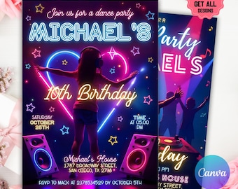 Editable Dance Party Birthday Invitation, Glow Gender Neutral Invites, Neon Dance Party Template, Glow Dance Party Invites Editable Neon