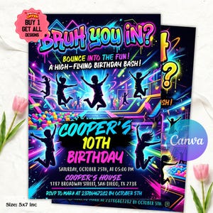 Könnte beinhalten: Ein neonfarbener Einladungsflyer für eine Geburtstagsparty mit Silhouetten von Kindern, die auf Trampolinen springen. Der Text lautet: BRUH YOU IN? BOUNCE INTO THE FUN! A HIGH-FLYING BIRTHDAY BASH! COOPER'S 10TH BIRTHDAY, SATURDAY, OCTOBER 25TH, AT 05:00 PM, COOPER'S HOUSE, 1787 BROADWAY STREET, SAN DIEGO, TX 2738.