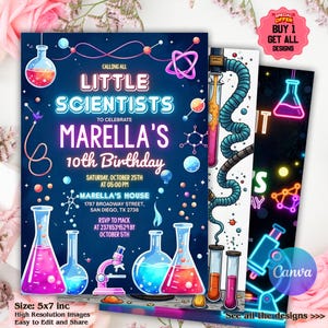 May include: A set of science-themed birthday party invitations. The main invitation features the text "Calling All Little Scientists" and "Marella's 10th Birthday". The design includes beakers, test tubes, and a microscope. The size is 5x7 inches.