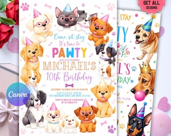 Editable Dogs Birthday Party Invitation, Calling All Pawty Animals, Puppy Birthday Party Animal Invite, Printable Template Instant Download