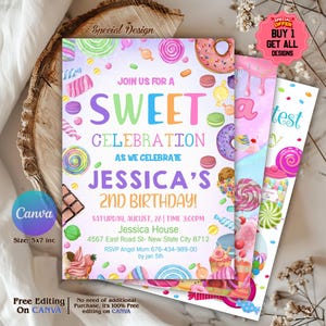 Editable Sweet Celebration Birthday Invitation, Candy Land Invitation, Candy Birthday Party Invitation, Candyland, Printable Canva Template