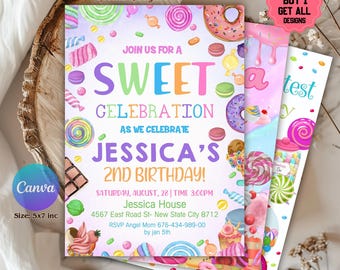 Editable Sweet Celebration Birthday Invitation, Candy Land Invitation, Candy Birthday Party Invitation, Candyland, Printable Canva Template