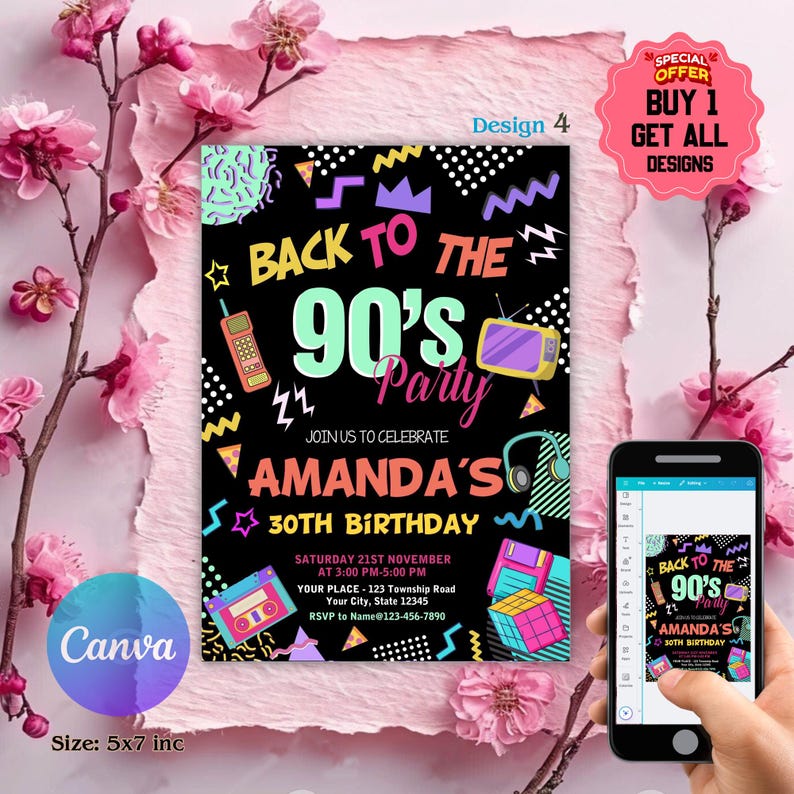 Editable 90s Birthday Party Invitation back to the 90s Neon party glow dance disco 2000s birthday 90s instant download, 90s Design Invite