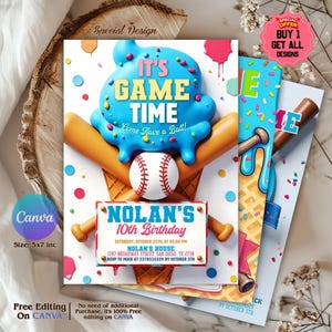 Editable Baseball Drip Invite, Ice Cream Drip Birthday Invitation Softball Rookie Year, Athletic Baseball Birthday Party Baseball Invitation