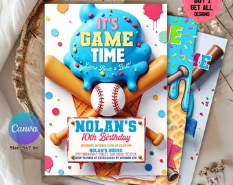 Invito modificabile a tema baseball, invito a tema gelato per compleanno, anno da principiante del softball, invito a tema baseball per festa di compleanno