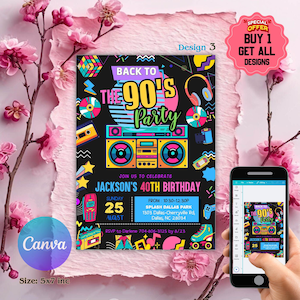 Editable 90s Birthday Party Invitation back to the 90s Neon party glow dance disco 2000s birthday 90s instant download, 90s Design Invite
