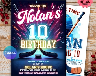 Puede incluir: Invitaciones para una fiesta de cumpleaños con temática de hockey. El diseño presenta un fondo azul oscuro con acentos de neón rosa y azul, palos de hockey y el texto "Nolan's 10 Birthday".