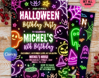 Neon Halloween Party Invitation, Editable Spooky Costume Party Invite, Halloween Glow Party, Modern Birthday, DIGITAL 5x7 Printable Invite
