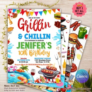 May include: A stack of colorful invitation cards for a birthday barbecue. The main card features the text "Grillin & Chillin" and "Jenifer's 10th Birthday". Other cards show illustrations of barbecue food and a swimming pool. The cards are 5x7 inches.