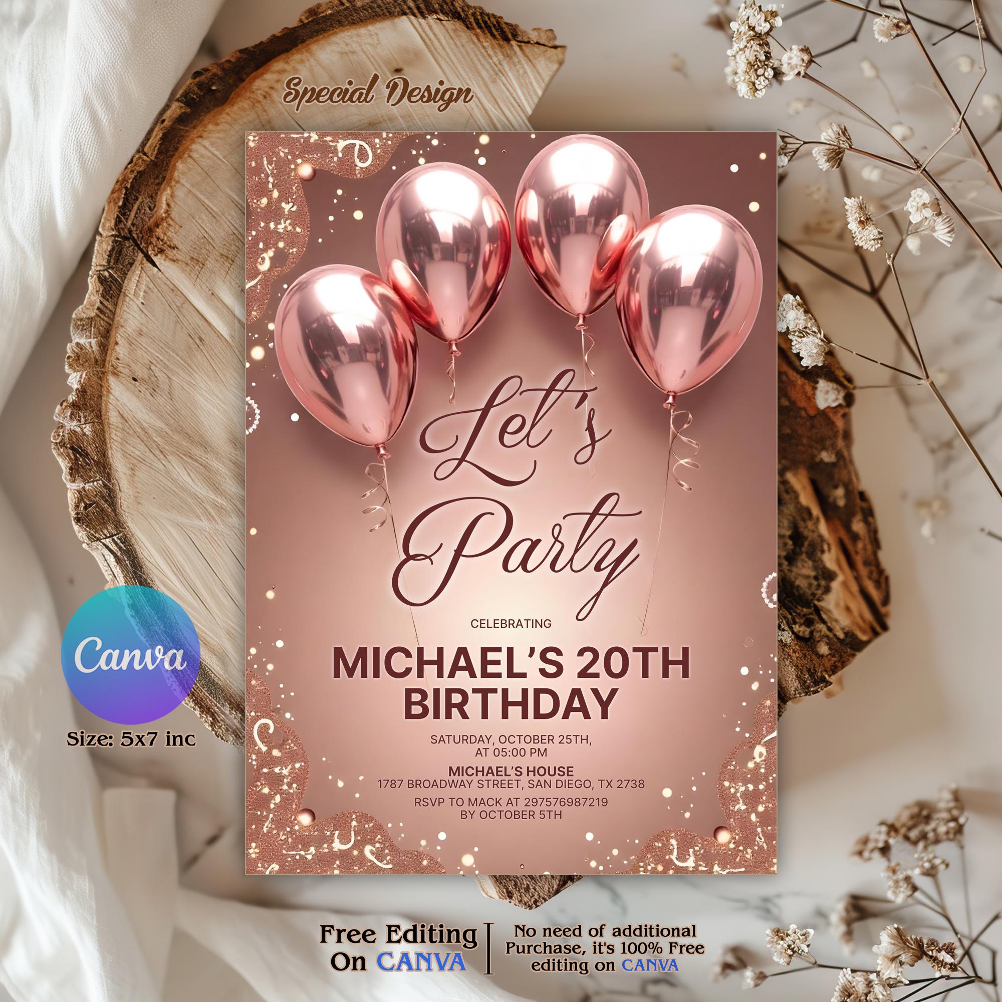 Editable Rose Gold Birthday Invitation, Let's Party Rose Gold Balloons Invite, Balloon Rose Gold Glitter, Balloon Rose Gold Invitation