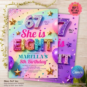 May include: A birthday invitation card featuring a pastel rainbow background with glittery 3D numbers and letters reading 67 She is not EIGHT. The text includes Marella's 8th Birthday, Saturday, October 25th, at 05:00 PM, Marella's House, 1787 Broadway Street, San Diego, TX 2783543529, RSVP by October 5th, and gold star accents.