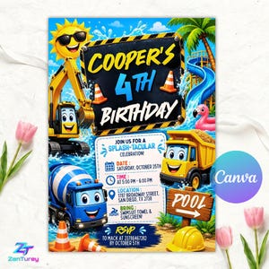 Op de afbeelding: Een verjaardagsuitnodigingskaart met een gele graafmachine, een blauwe betonmixer en een gele kiepwagen met cartoongezichten. De tekst luidt Cooper's 4th Birthday, Join us for a splash-tacular celebration, datum, tijd, locatie en RSVP-details.