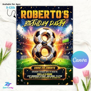 May include: A digital birthday party invitation featuring a large number 8 shaped like a soccer ball in a stadium setting. Text includes ROBERTO'S BIRTHDAY PARTY, COME CELEBRATE, SATURDAY, OCTOBER 25TH, AT 05:00 PM, NOELLA'S HOUSE, 1787 BROADWAY STREET, SAN DIEGO, TX 2738.