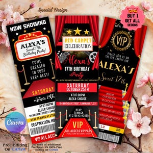May include: Three black and red party invitations with gold accents. The invitations are for Alexa's Sweet 17th Birthday Party. Each invitation features a red carpet theme with text and event details.