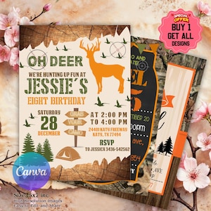 May include: A set of hunting-themed birthday party invitations. The main invitation features an orange deer silhouette, the text "OH DEER", and party details. Additional cards with camouflage and wood grain designs are included. The Canva logo is visible.