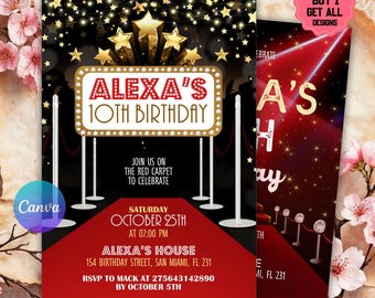 Może przedstawiać: Zaproszenie na przyjęcie urodzinowe z motywem czerwonego dywanu. Zaproszenie zawiera tekst "Alexa's 10th Birthday" w stylu namiotu, ze szczegółami wydarzenia. Wyświetlana jest również oferta specjalna.