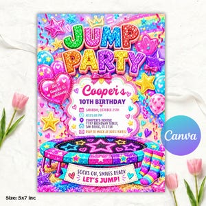 May include: A colourful birthday invitation card featuring the text JUMP PARTY, Cooper's 10th Birthday, Saturday, October 25th, at 05:00 PM, Cooper's House, 1787 Broadway Street, San Diego, TX 2738, RSVP to Mack at 3085784932, Socks on, smiles ready, let's jump.