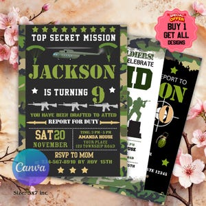 Army Birthday Invitation, Army Invitation, Military Party Invitation, Soldier Birthday Invitation, Army Military invite, Editable,Canva