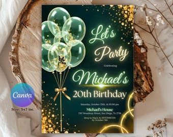 Glowing Gold Green Balloon Birthday Invitation, Green Gold Glitter Balloon Theme Party Invitation, Balloon Green Gold Invitation