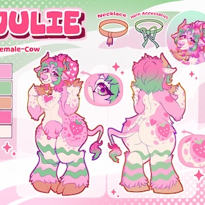 Può includere: Una scheda di riferimento del personaggio per una creatura simile a una mucca di nome Julie, con pelliccia rosa, verde e bianca con motivi a fragole e cuori. La scheda include viste frontali e posteriori, un primo piano di un occhio e accessori.