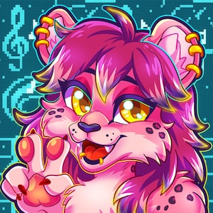 Peut inclure: Une illustration num&eacute;rique d'un f&eacute;lin anthropomorphe rose avec de grands yeux jaunes, des taches sombres et des cheveux en pointe. Le personnage fait un signe de paix avec une main sur un fond sarcelle orn&eacute; de notes de musique pix&eacute;lis&eacute;es.