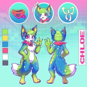May include: A digital illustration of a cartoon fox character named Chloe, in front and back views. The fox has green, blue, and yellow fur, a red bandana, and a white chest. Additional icons and a color palette are included.