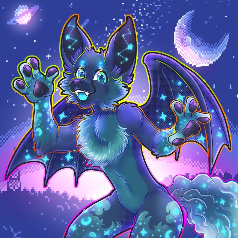 Peut inclure: Une illustration num&eacute;rique d'une cr&eacute;ature chauve-souris anthropomorphe bleu fonc&eacute; avec de grandes oreilles, des ailes et une poitrine duveteuse. Le personnage pr&eacute;sente des motifs d'&eacute;toiles et de lunes cyan luminescents sur sa fourrure, sur un fond de ciel nocturne pix&eacute;lis&eacute; avec une plan&egrave;te et un croissant de lune.