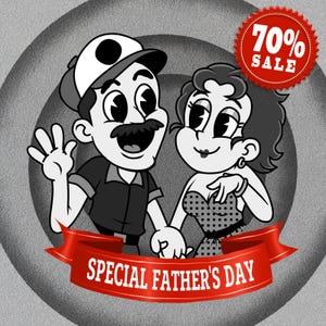 Portrait in retro cartoon style, black and white personalize portrait, custom portrait in 30's cartoon style for couple or family with pets