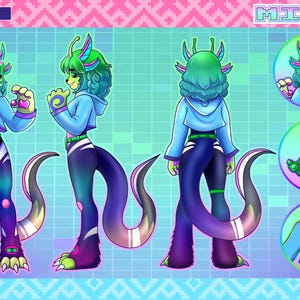 Op de afbeelding: Digitale kunst van een personage genaamd "Milky" in een blauwe hoodie en paarse broek met een lange staart. Het personage heeft groen haar en accenten, met een bijpassende groene riem en klauwvoeten. De afbeelding bevat meerdere weergaven en details.