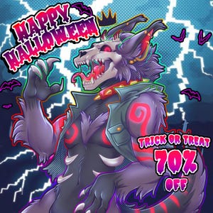 May include: A digital illustration of a werewolf creature with a skull head, red glowing eyes, and a spiked collar, wearing a dark vest. The image features text that reads HAPPY HALLOWEEN, TRICK OR TREAT, and 70% OFF against a lightning background.