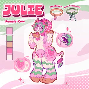 May include: A digital character reference sheet for a cow-like creature named Julie. The character features pink and green fur with strawberry patterns, a heart on the chest, a bell necklace, and green horn accessories. Includes color swatches.