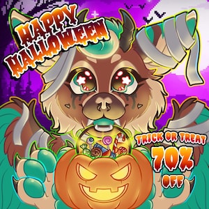 May include: A digital illustration of a brown and teal creature wrapped in white bandages, holding a glowing orange jack-o'-lantern filled with sweets. The text reads HAPPY HALLOWEEN and TRICK OR TREAT 70% OFF against a purple pixelated background.