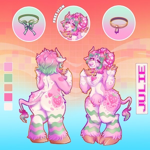 以下が含まれることがあります： イチゴとハートの模様が入った、ピンクと白の牛のようなキャラクターのデジタルイラスト。キャラクターは緑とピンクの髪をしており、ベルの首輪をしています。「JULIE」という文字がピンクのピクセルフォントで縦書きされています。