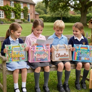 May include: Four clear plastic document pouches with colorful fabric trim and handles, each personalized with a name in script lettering. The pouches contain various educational books, colored pencils, and supplies for school-aged children.