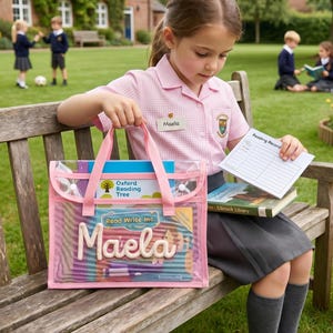 May include: A clear plastic book bag with pink trim and handles, featuring the name Maela in raised white letters on the front. The bag contains an Oxford Reading Tree book and Read Write Inc materials, with a white Reading Record card on top.