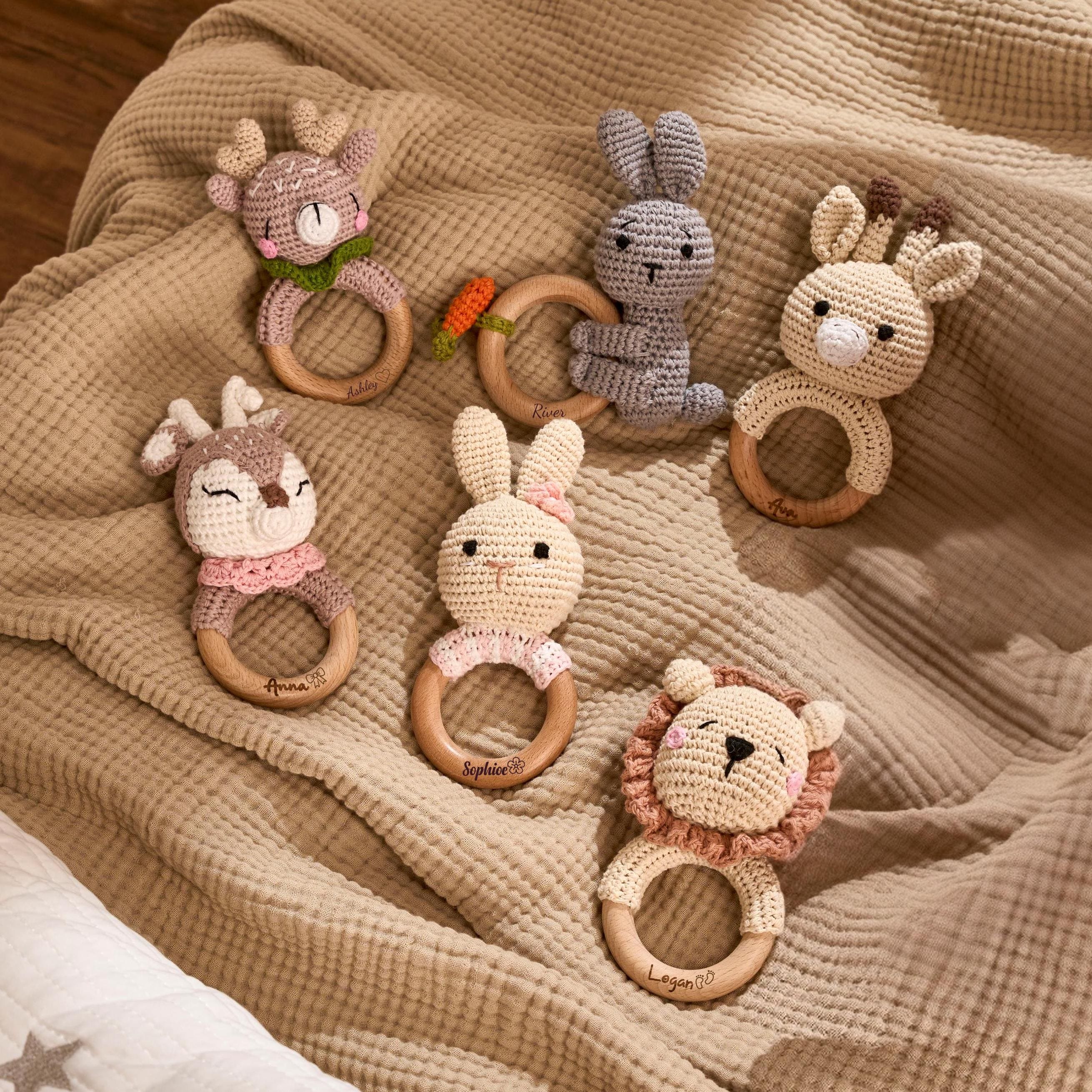 Personalized Baby Rattle with Name, Custom Newborn Gift, Baby's First Christmas, Montessori Wood Toy, Engraved Animal, Baby Shower Gift