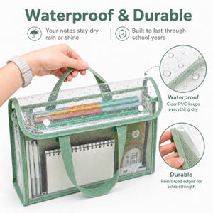 May include: A clear PVC carrying case with sage green fabric trim and handles. The bag features a flap closure with white snap buttons, containing notebooks and pens. Text on the image reads Waterproof & Durable, Your notes stay dry, and Built to last.