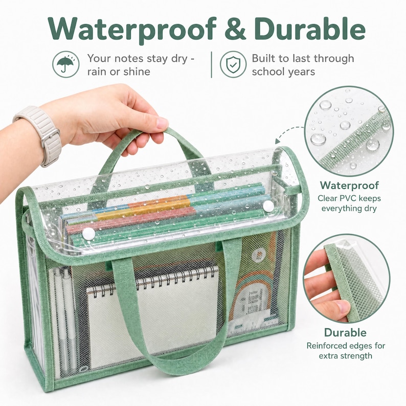 May include: A clear PVC carrying case with sage green fabric trim and handles. The bag features a flap closure with white snap buttons, containing notebooks and pens. Text on the image reads Waterproof & Durable, Your notes stay dry, and Built to last.