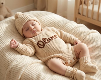Personalized Knitted Baby Romper Set with Hat & Booties, Custom Embroidered Name Newborn Outfit, Coming Home Suit, Hand-Stitched Gift
