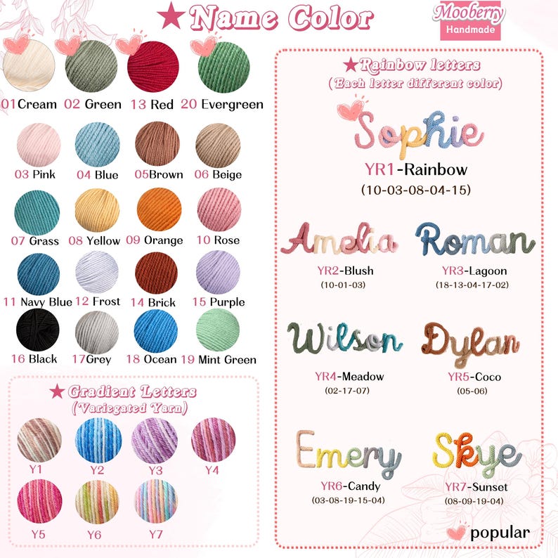 Puede incluir: Una exhibici&oacute;n de productos con opciones de color de hilo y ejemplos de arte de nombres personalizados. La tabla de colores incluye colores de hilo lisos y degradados. Se muestran ejemplos de nombres en estilos de letras arco&iacute;ris y degradados.