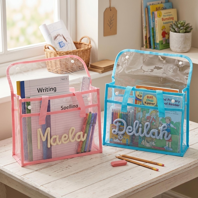 May include: Two rectangular clear plastic storage bags with handles and snap closures. The left bag has pink trim and the name Maela in script. The right bag has blue trim and the name Delilah in script. Both bags contain notebooks and pens.