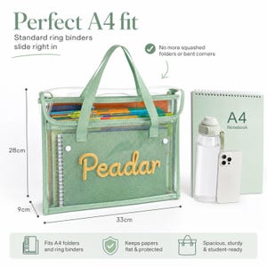 May include: A sage green and clear document bag with two handles, featuring the name Peadar in yellow embroidery on the front pocket. The bag measures 33 cm by 28 cm by 9 cm and contains various notebooks and folders, shown alongside an A4 notebook.