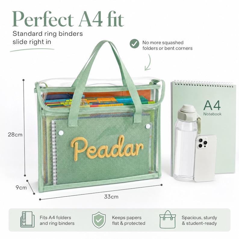 May include: A sage green and clear document bag with two handles, featuring the name Peadar in yellow embroidery on the front pocket. The bag measures 33 cm by 28 cm by 9 cm and contains various notebooks and folders, shown alongside an A4 notebook.