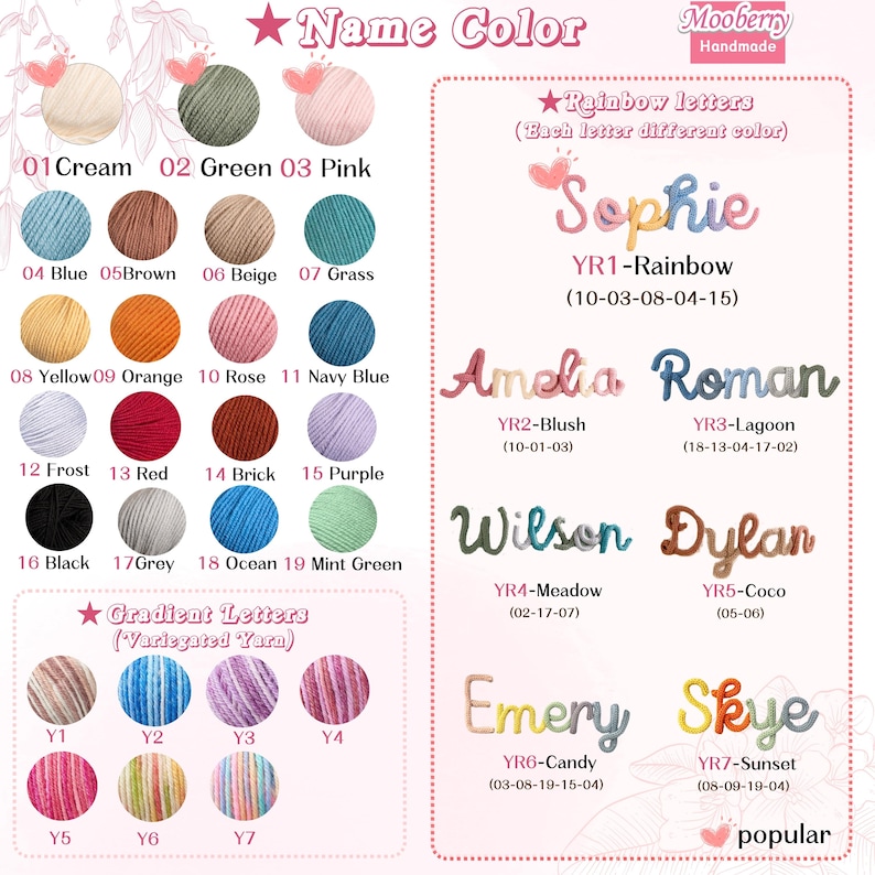 May include: A color chart for custom yarn names featuring nineteen solid color yarn balls labeled 01-19, seven variegated yarn options labeled Y1-Y7, and seven examples of names spelled out in yarn including Sophie, Amelia, Roman, Wilson, Dylan, Emery, and Skye.