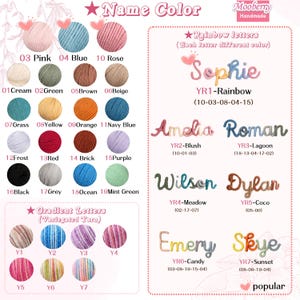 May include: A product display showcasing yarn colours and examples of personalised name art. The colour chart includes pink, blue, and rose, with names like Sophie and Amelia crafted in various yarn colours. The names are made with yarn.