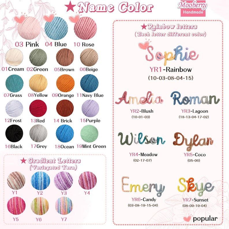 May include: A product display showcasing yarn colours and examples of personalised name art. The colour chart includes pink, blue, and rose, with names like Sophie and Amelia crafted in various yarn colours. The names are made with yarn.