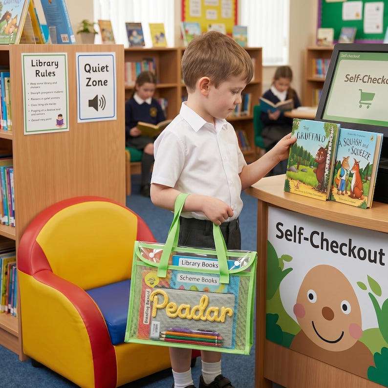 May include: A clear plastic book bag with bright green trim and handles, containing a gray pouch labeled Peadar in yellow script, a set of colored pencils, and two books labeled Library Books and Scheme Books, held by a child in a library.