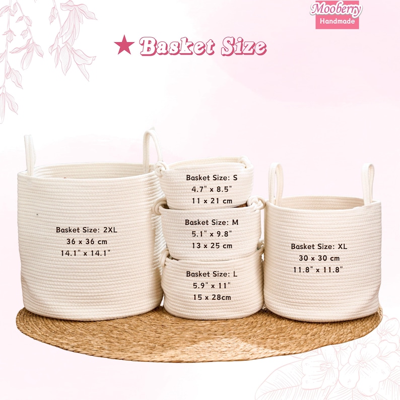 May include: Five off-white rope baskets of different sizes, labelled S, M, L, XL, and 2XL. The baskets have handles and are displayed on a woven mat. Measurements are provided in inches and centimetres.