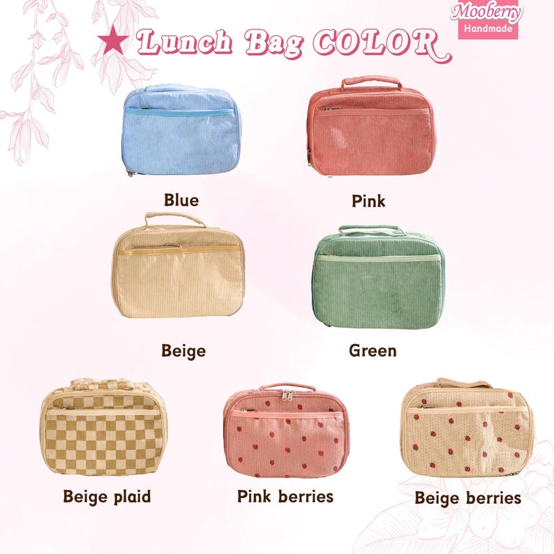 Puede incluir: Una colecci&oacute;n de bolsas de almuerzo en varios colores, incluyendo azul, rosa, beige y verde. Las bolsas presentan diferentes patrones, como pana, cuadros y estampados de bayas. Cada bolsa tiene un asa y un cierre de cremallera. El texto en la imagen dice "Lunch Bag COLOR".