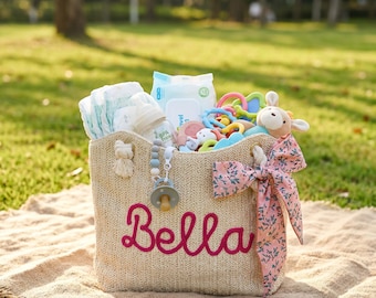 Personalized Mom Beach Bag, Custom Diaper Tote for Summer, Straw Mummy Bag with Name, Baby Shower Gift for New Mom, Large Travel Tote